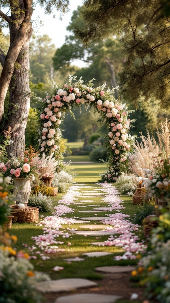 A charming outdoor wedding ceremony setup with a flower arch and a petal-lined pathway.