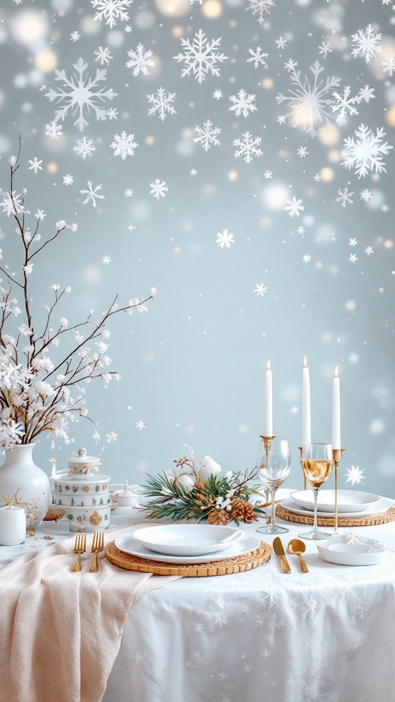 A beautifully decorated table for a winter bridal shower, featuring snowflake decorations, elegant tableware, and warm candlelight.