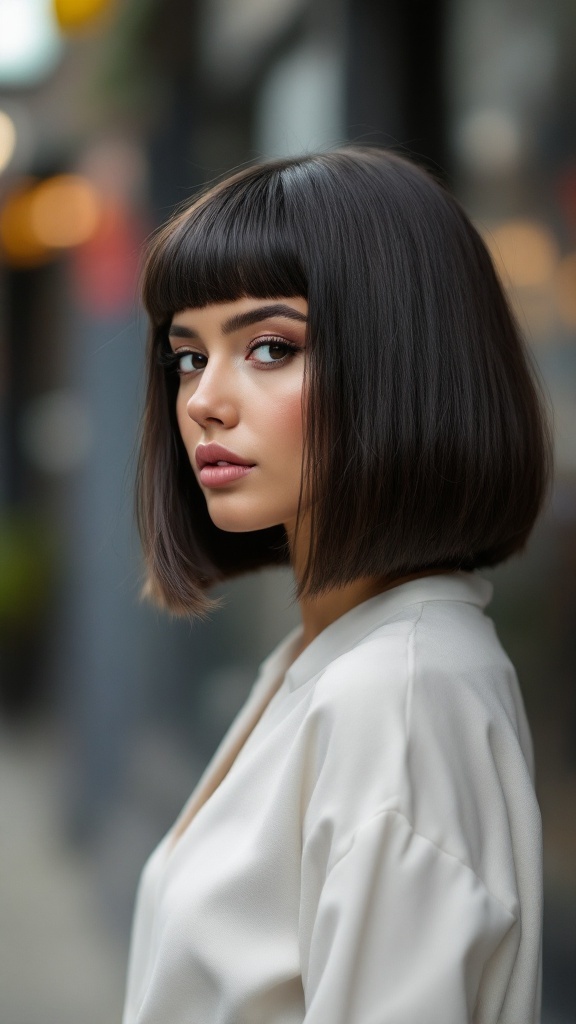A woman with a straight bob haircut and blunt bangs, looking stylish and confident.