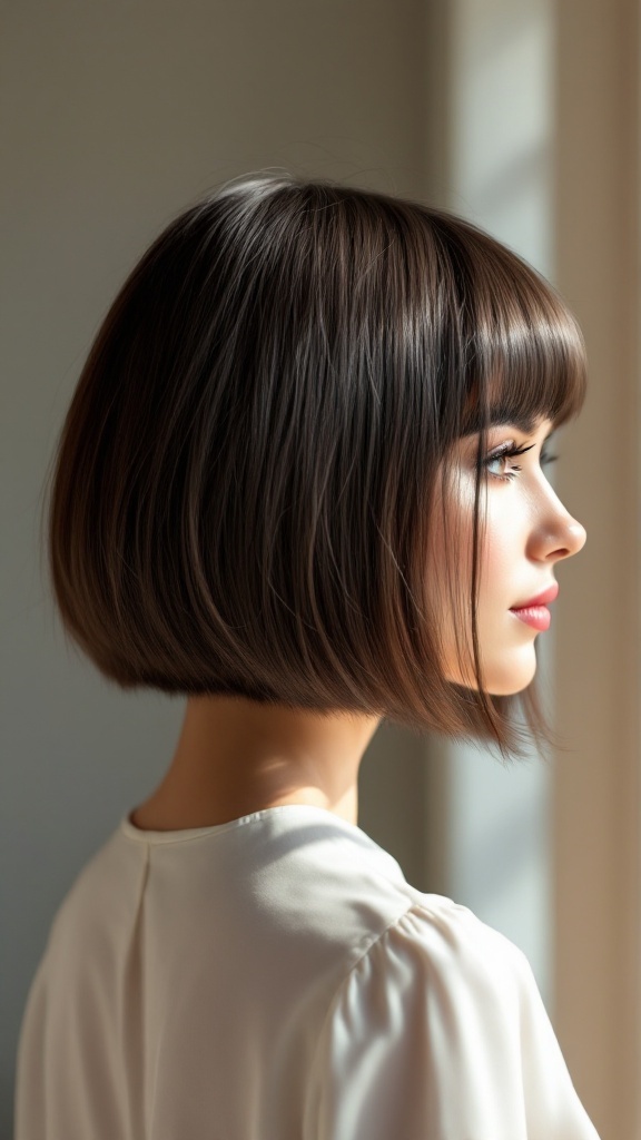 A stylish short bob haircut with bangs, showcasing a smooth texture and a modern look.