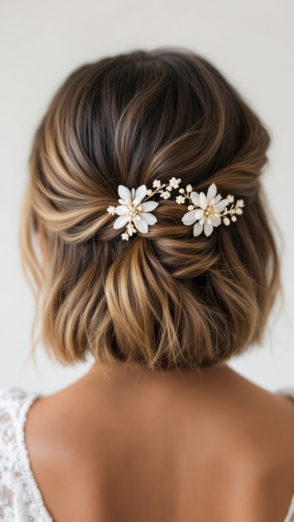 A chic bob hairstyle with floral hair accessories, perfect for a bridesmaid.