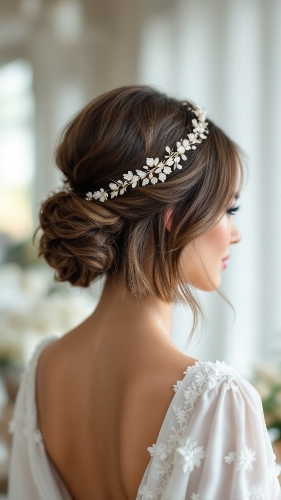 A bride with a chic bob hairstyle and side part, adorned with a floral headband, showcasing an elegant look from the back