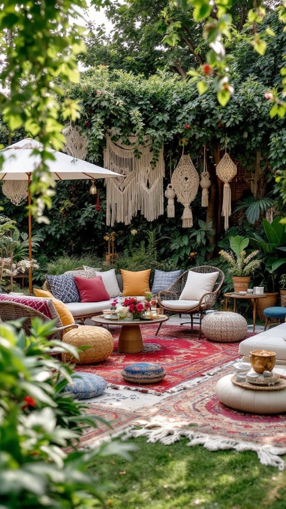 A beautifully decorated garden with colorful cushions, a low table with flowers, and macrame hanging decorations.