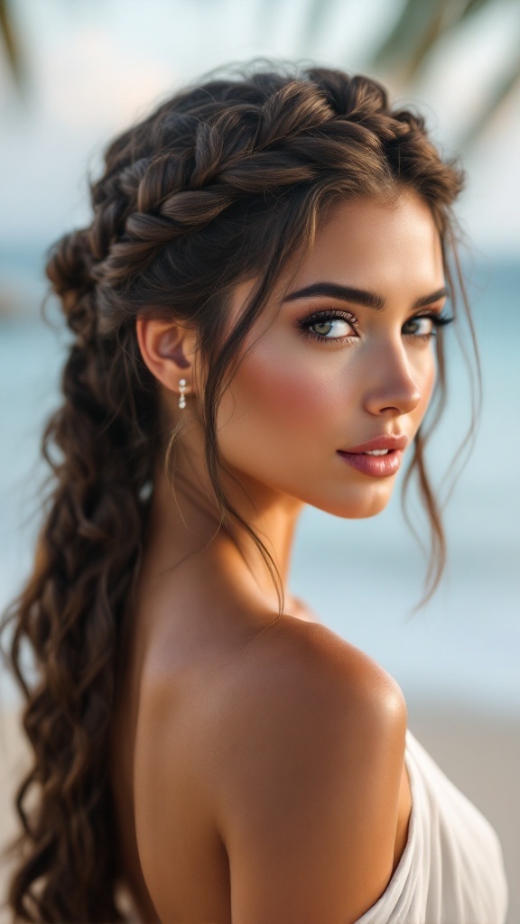 A woman with a chic braided crown hairstyle, wearing a one-shoulder dress by the beach.