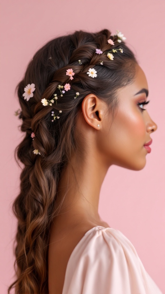 A stylish braided crown hairstyle with flowers on a model against a pink background.