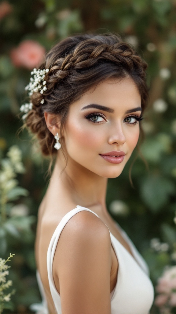 A woman with short hair styled in a chic braided crown, adorned with flowers, showcasing a timeless wedding hairstyle.