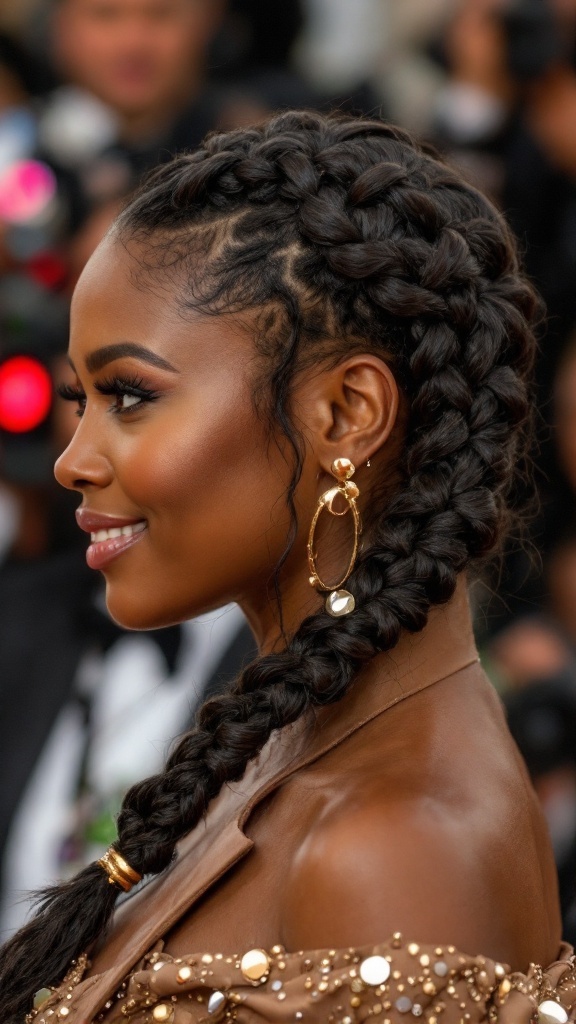 A close-up of a woman with intricate braided hairstyle and large earrings at a red carpet event.