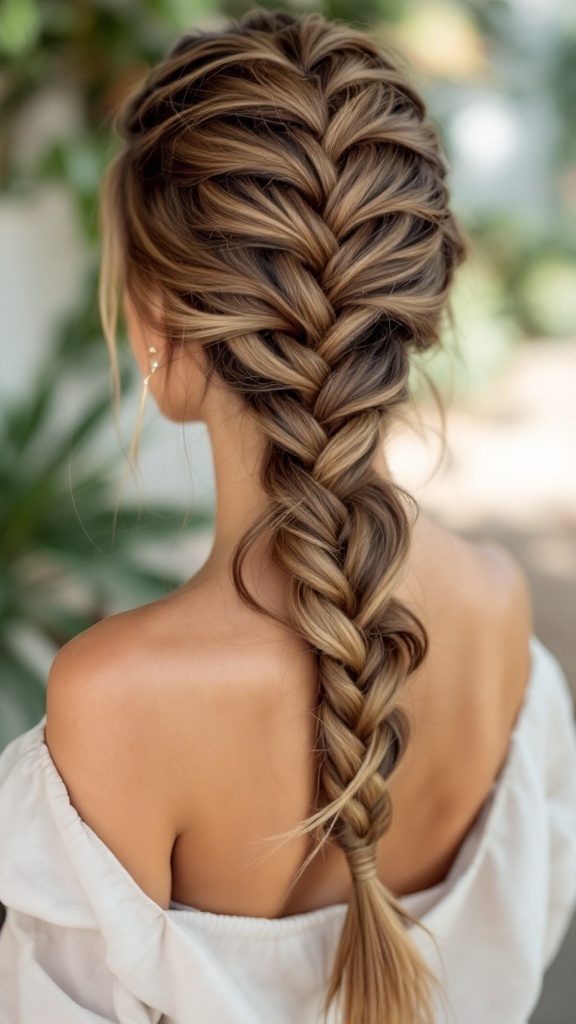 A woman with long hair styled in a chic fishtail braid, showcasing a blend of brown shades.
