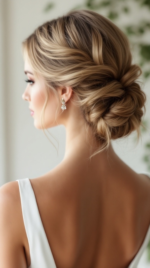 A chic French twist hairstyle for bridesmaids, featuring soft waves and elegant earrings.