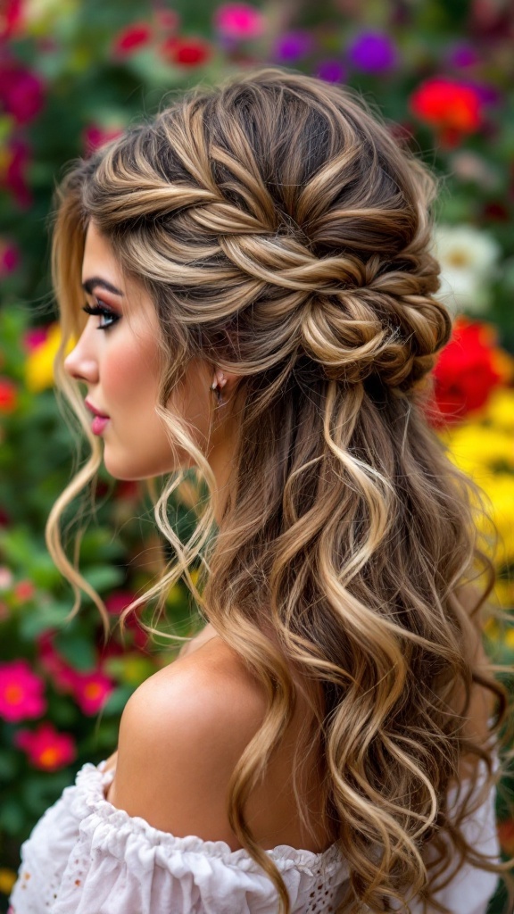 A woman with beautiful half-up curly bun hairstyle, surrounded by colorful flowers.