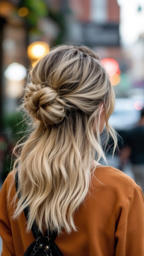 Beautiful woman with half bun hairstyle and wavy hair
