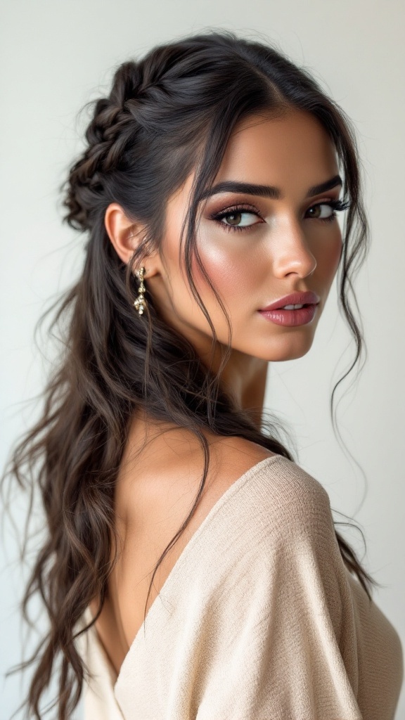 A woman with a chic half up half down braid hairstyle, featuring soft waves and a braid framing her face.
