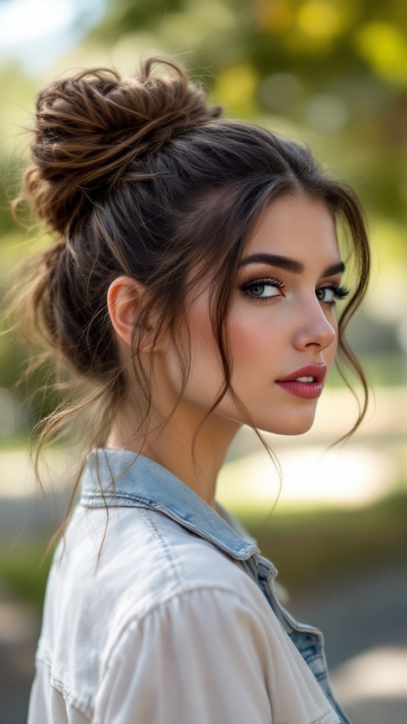 A woman with a chic half up half down bun hairstyle, showcasing a playful and stylish look.