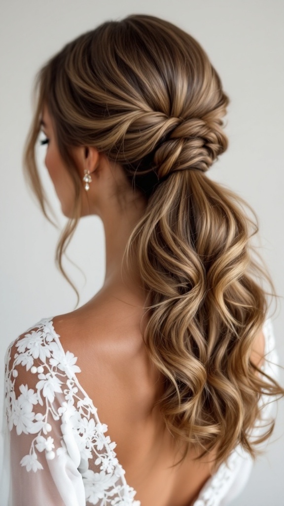 A woman with a chic half up ponytail hairstyle, featuring soft waves and volume at the crown, wearing a white dress.