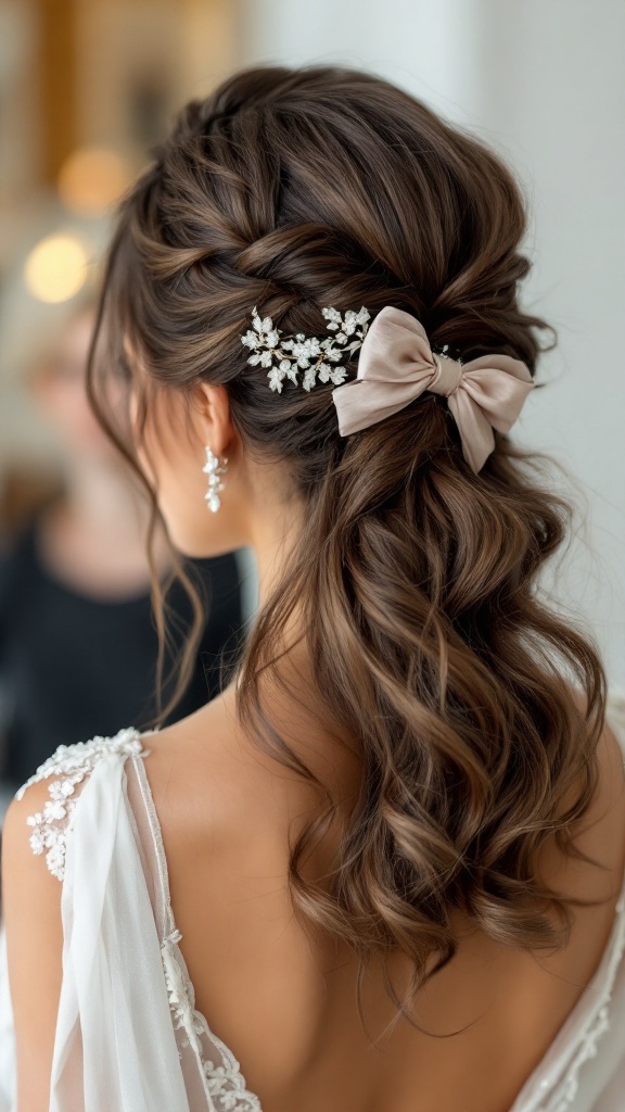 Half up half down wedding hairstyle with a bow and floral accessories