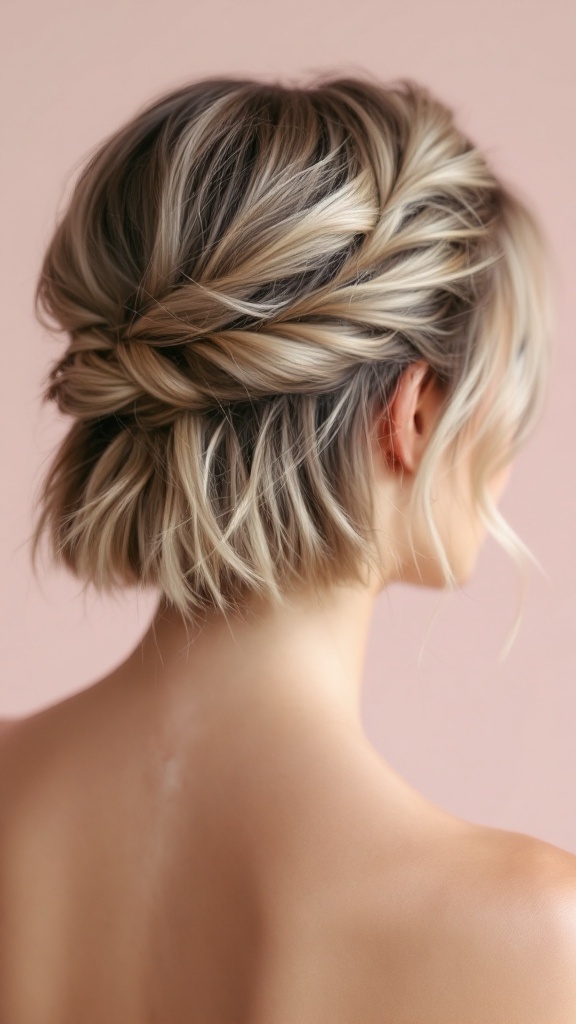 Short hair styled half up half down with textured layers, showing a chic and casual hairstyle.