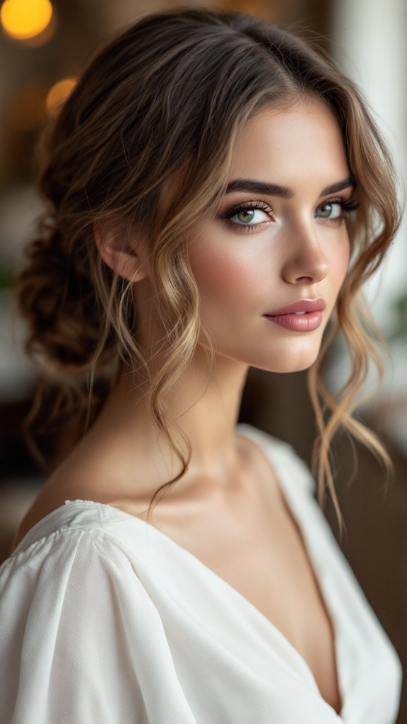 Bridesmaid hairstyle featuring a chic low bun with soft waves framing the face