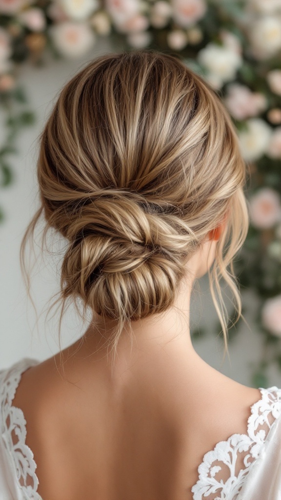 A chic low bun hairstyle with loose tendrils, ideal for bridesmaids with medium-length hair.