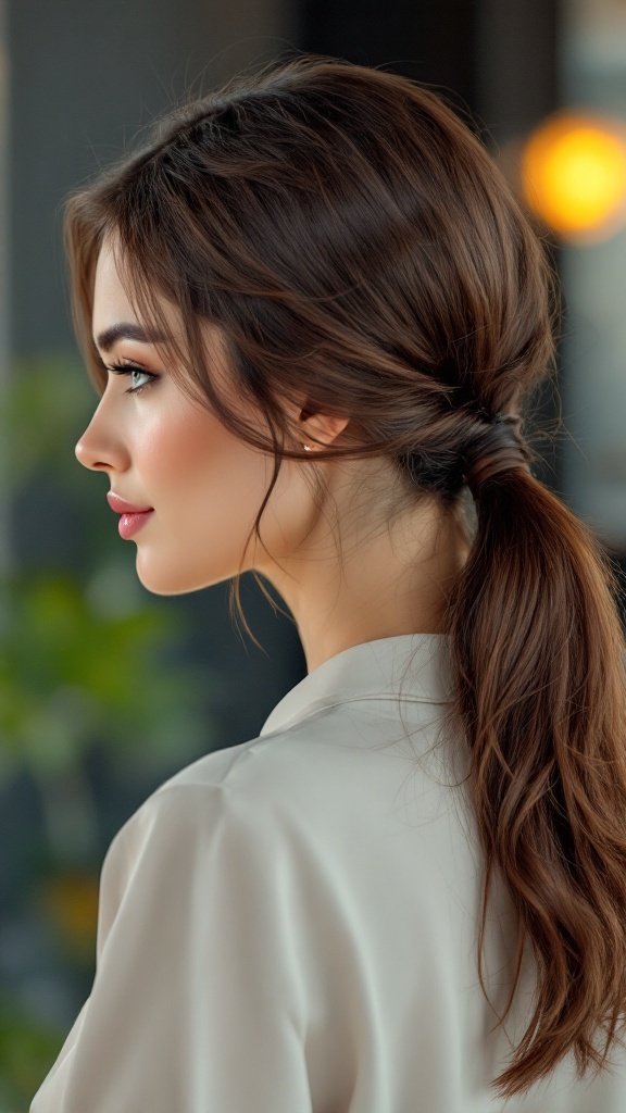 A side profile of a young woman with long hair styled in a chic low ponytail, accentuated by a side part.