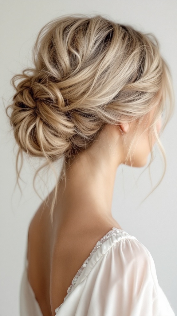 A stylish messy bun hairstyle for medium-length hair, framed with loose strands around the face.