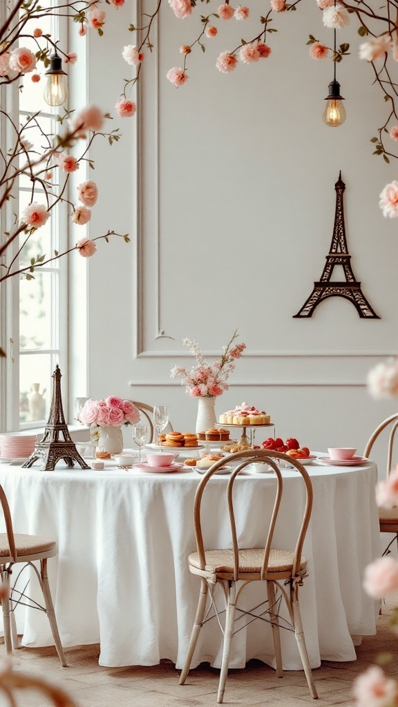 Decorative bridal shower table with pink flowers, Eiffel Tower centerpiece, and pastries