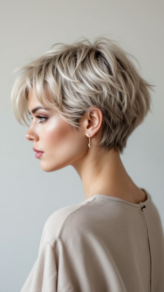 A stylish woman with a chic pixie cut, showcasing short layers and a light platinum color, framed by a soft, airy look.