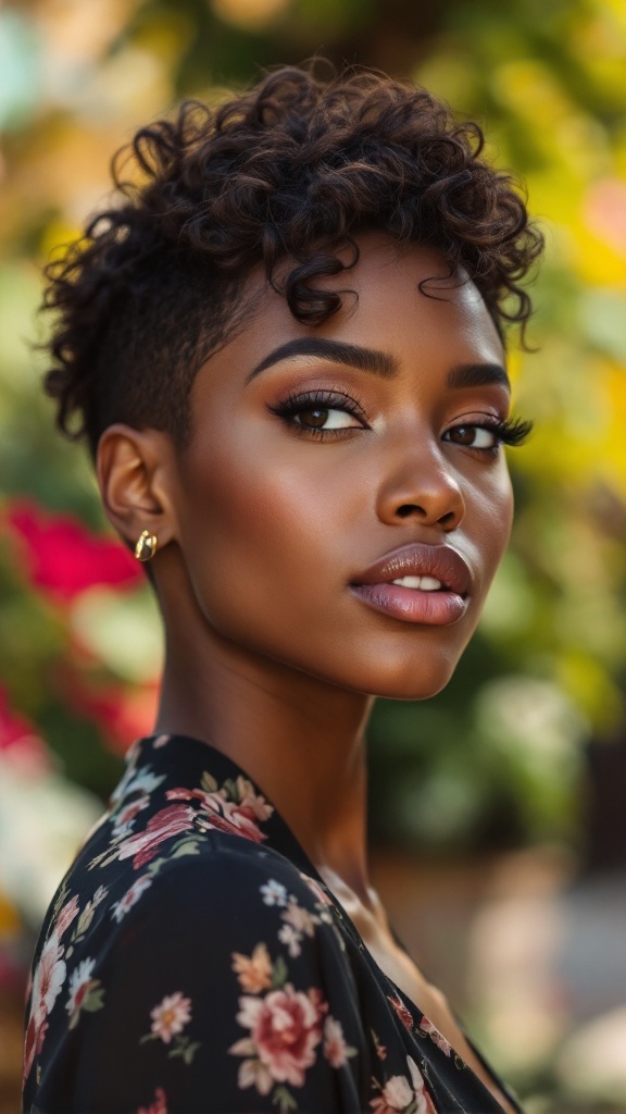 A woman with a stylish pixie cut, featuring defined curls, showcasing her natural beauty with a floral dress.