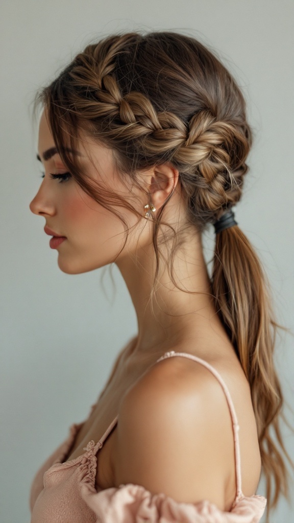 A chic ponytail hairstyle featuring a braided detail, styled elegantly on a model.