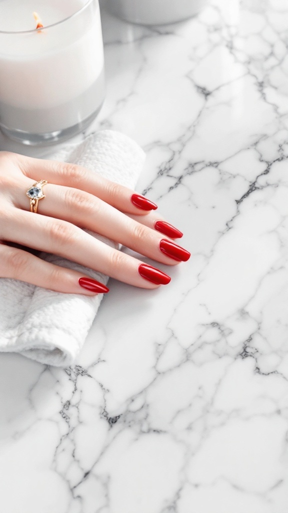 A hand with red nails resting on a marble surface, with a candle and soft cloth in the background