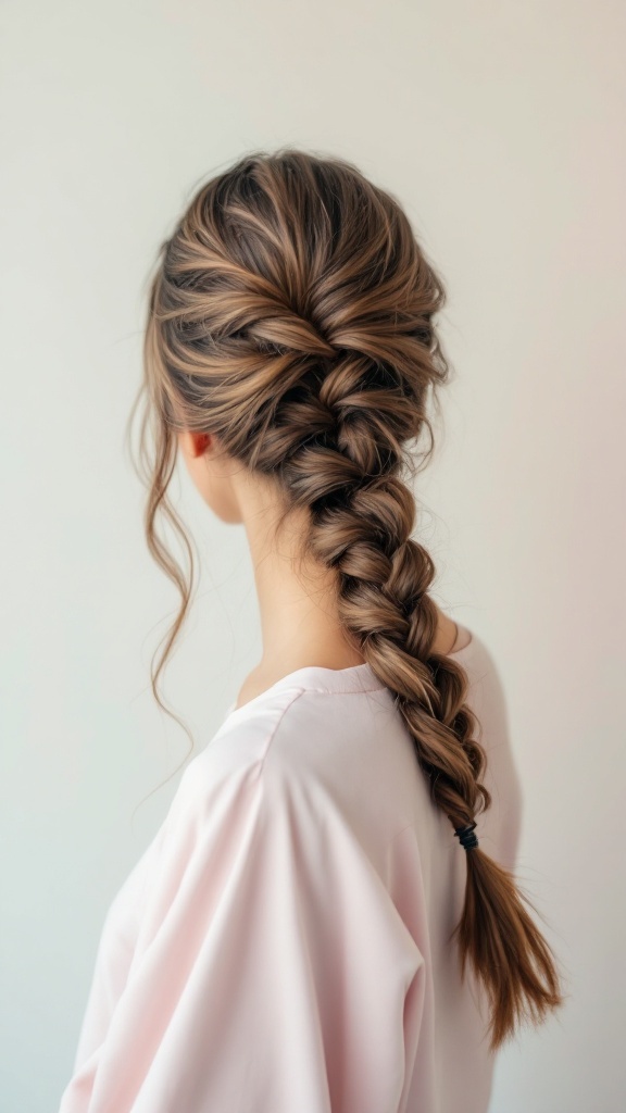 A woman with medium hair styled in a chic side braid, showcasing an elegant and simple hairstyle