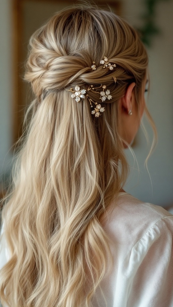 A woman with long hair styled in a chic side part, featuring floral hair accessories.