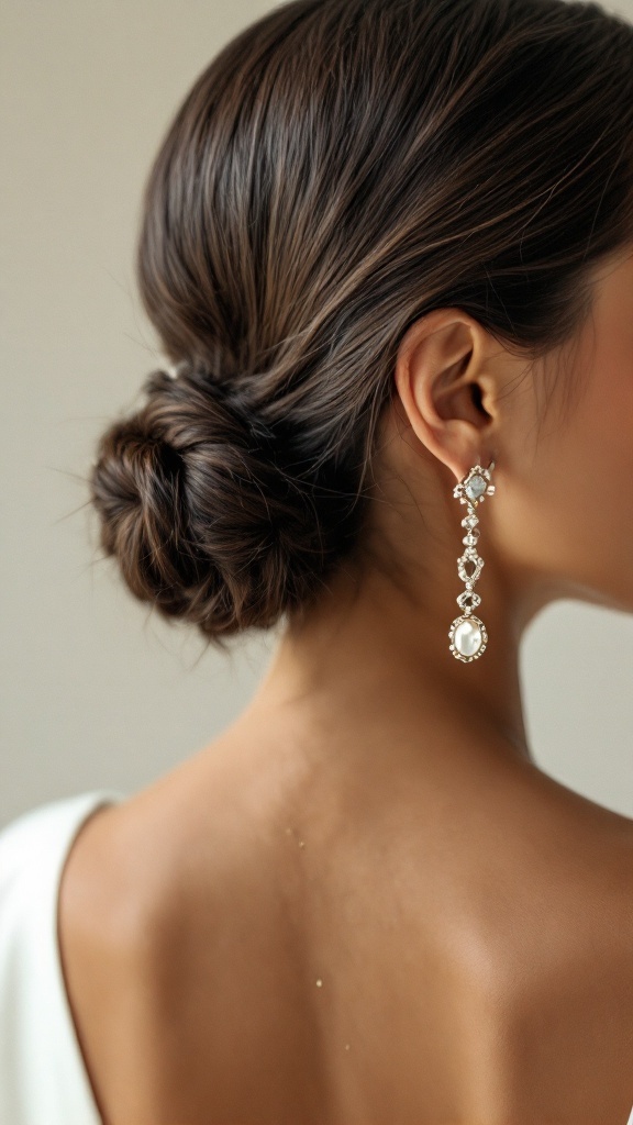 A close-up of a woman with slicked back hair styled in a low bun, wearing elegant dangling earrings.