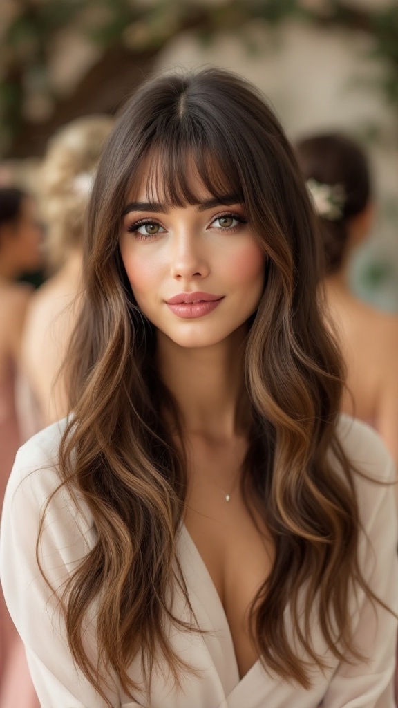 A bride's maid with long straight hair and curtain bangs, showcasing a soft and romantic look.