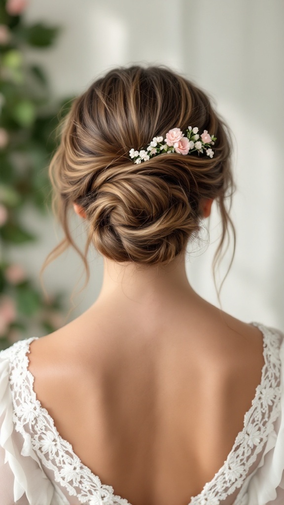 A bride with a chic top knot hairstyle decorated with small pink flowers.