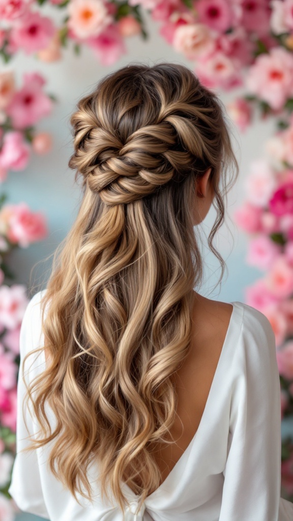 A chic twisted half waterfall hairstyle with loose curls, displayed against a floral backdrop.