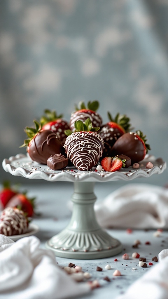 A beautiful display of chocolate-covered strawberries on a cake stand, featuring both plain and decorated strawberries.