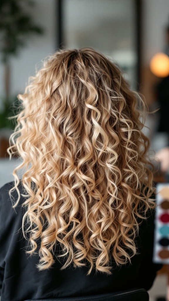 Curly hair styled with blonde highlights, showcasing vibrant texture and color.