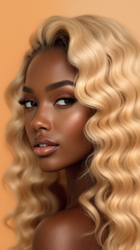 A model showcasing honey blonde layered hair against dark skin, highlighting the beautiful contrast.