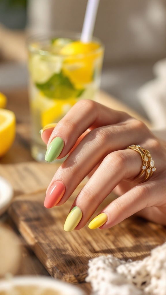 A hand with citrus color blocked nails featuring mint green, yellow, and peach colors, holding a refreshing drink.