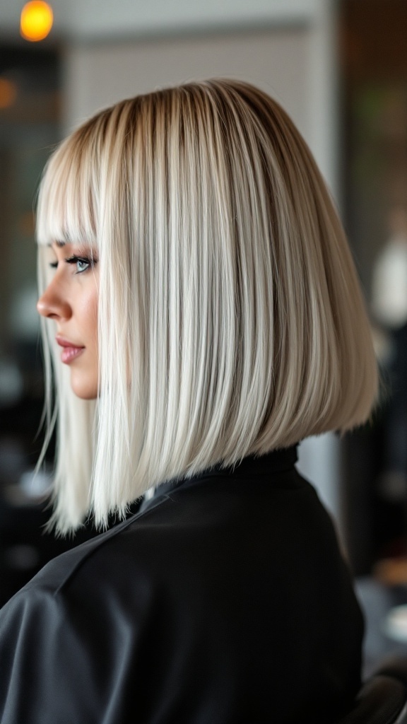 A woman with a sleek, classic blunt bob hairstyle, featuring straight lines and bangs.