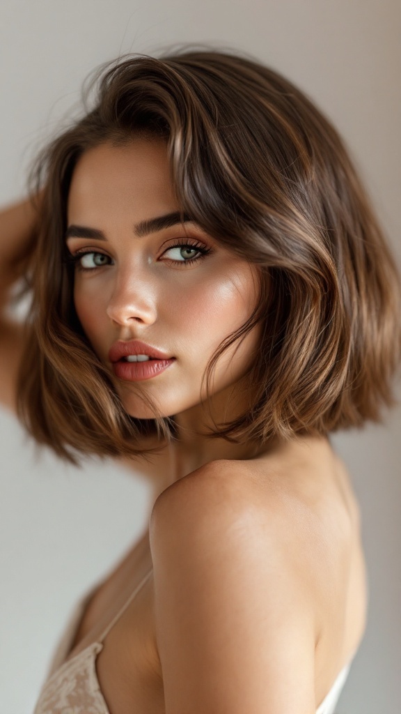 A woman with a classic bob hairstyle featuring a side part, showcasing fine hair falling softly around her shoulders.