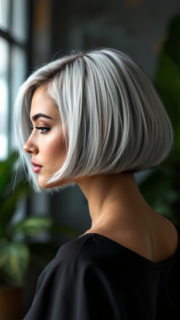 A woman with a silver bowl cut hairstyle, showcasing a sleek and modern look.