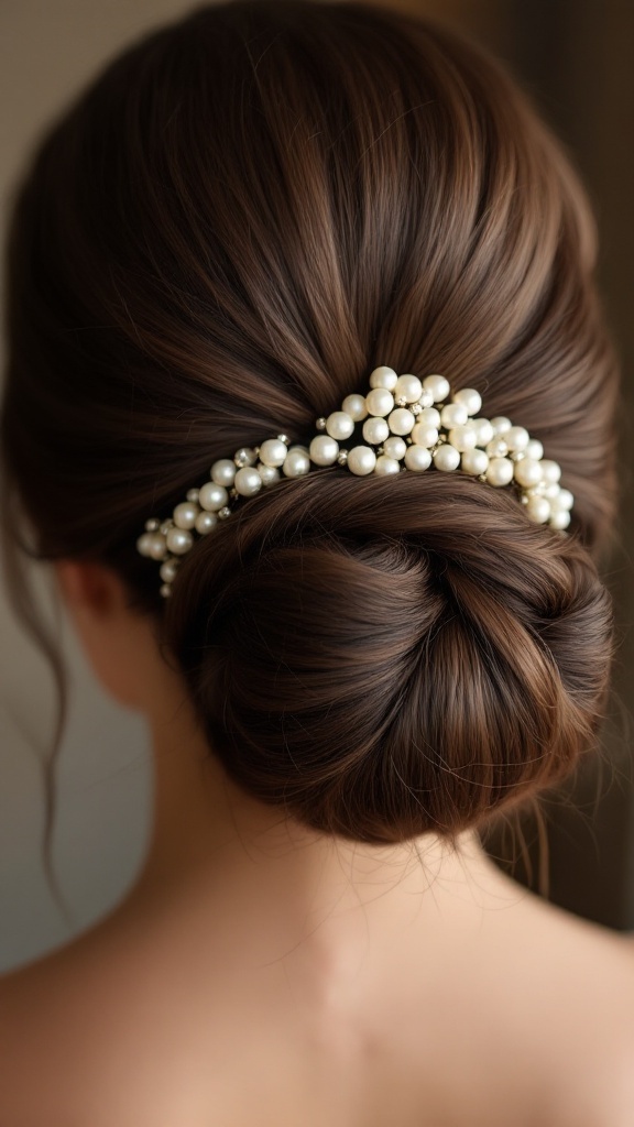 A close-up of a classic chignon hairstyle adorned with pearls, showcasing an elegant and polished look.