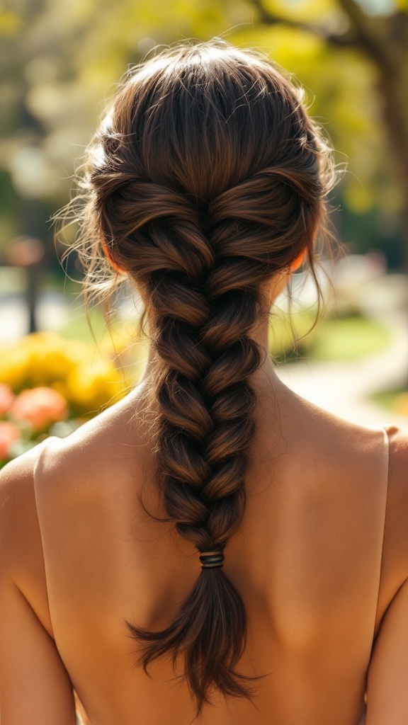 A close-up view of a classic French braid hairstyle worn by a woman, showcasing the intricate weaving of hair.