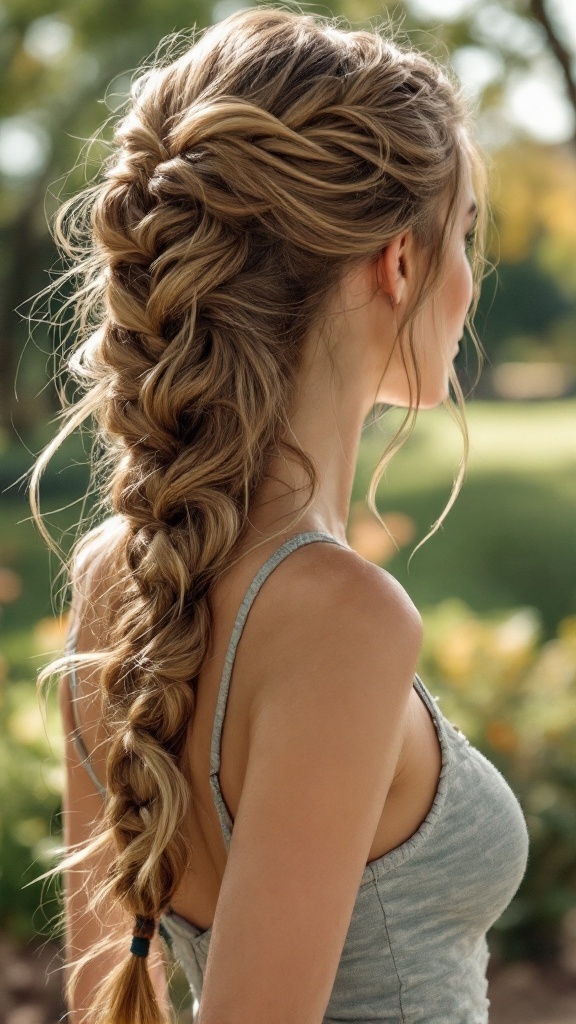 A close-up of a classic French braid hairstyle, showcasing a beautiful braid with soft, loose sections.