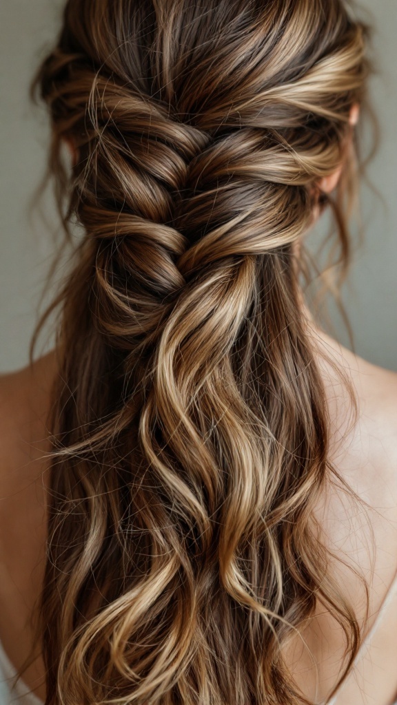 A classic French braid hairstyle showcasing long, wavy hair with highlights.