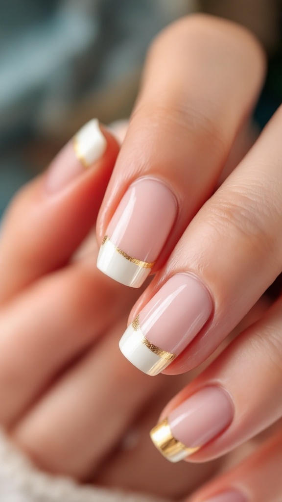 A close-up of a classic French manicure featuring nude nails with white tips and gold accents.