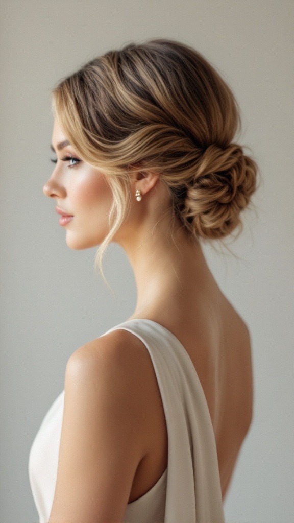 A beautiful bridesmaid with a classic French twist hairstyle, wearing a one-shoulder dress