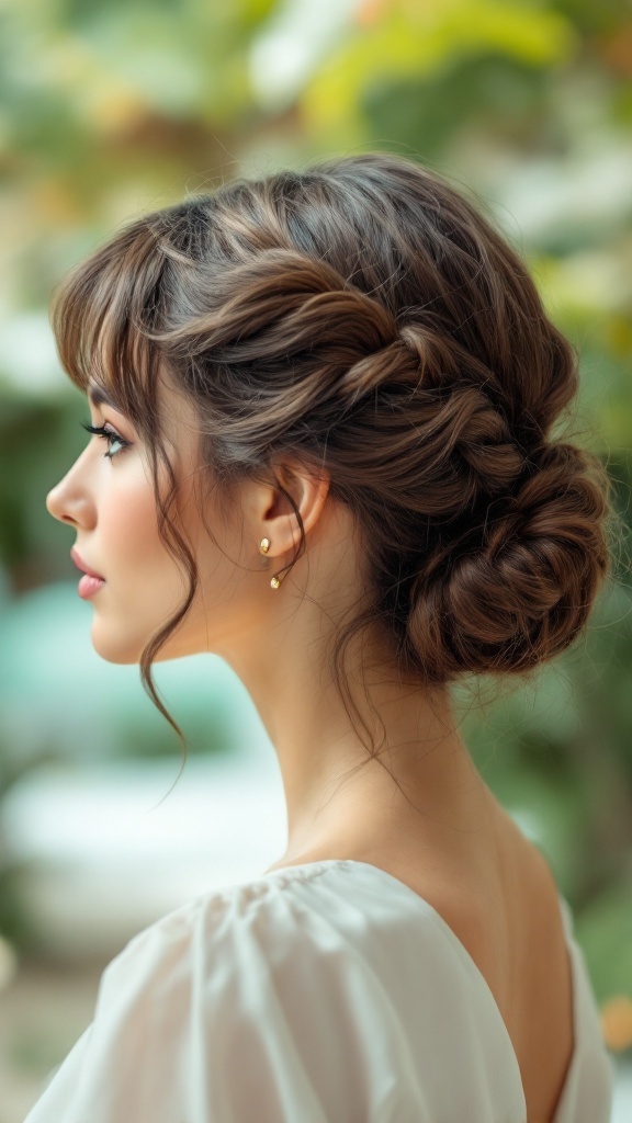 A woman showcasing a classic French twist hairstyle with soft curls framing her face.