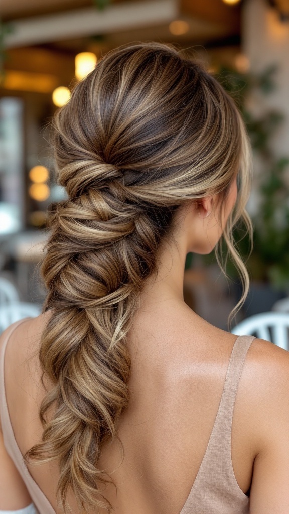 A woman with a classic French twist hairstyle, featuring soft waves and a chic look.